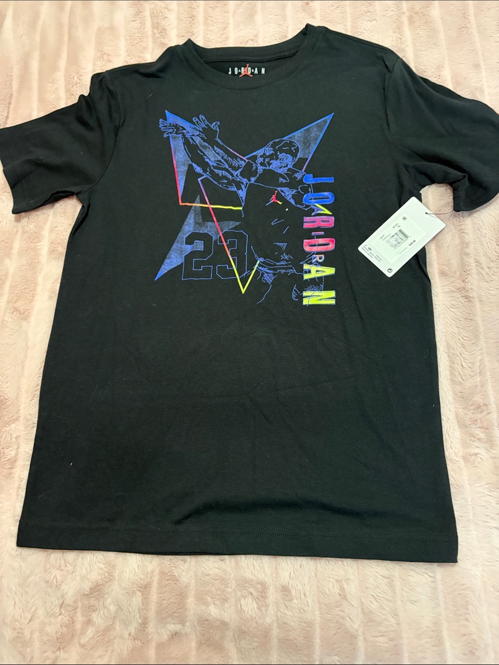 Jordan Black Short Sleeve Tee with Multicolor Neon Player Graphic